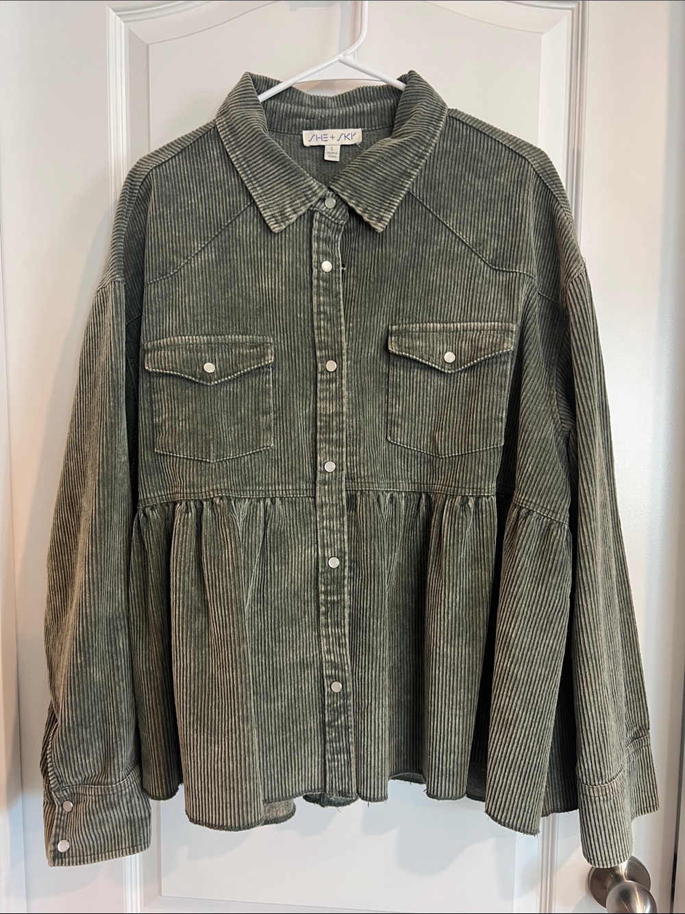 She + Sky Olive Green Corduroy Snap-Front Shirt Jacket